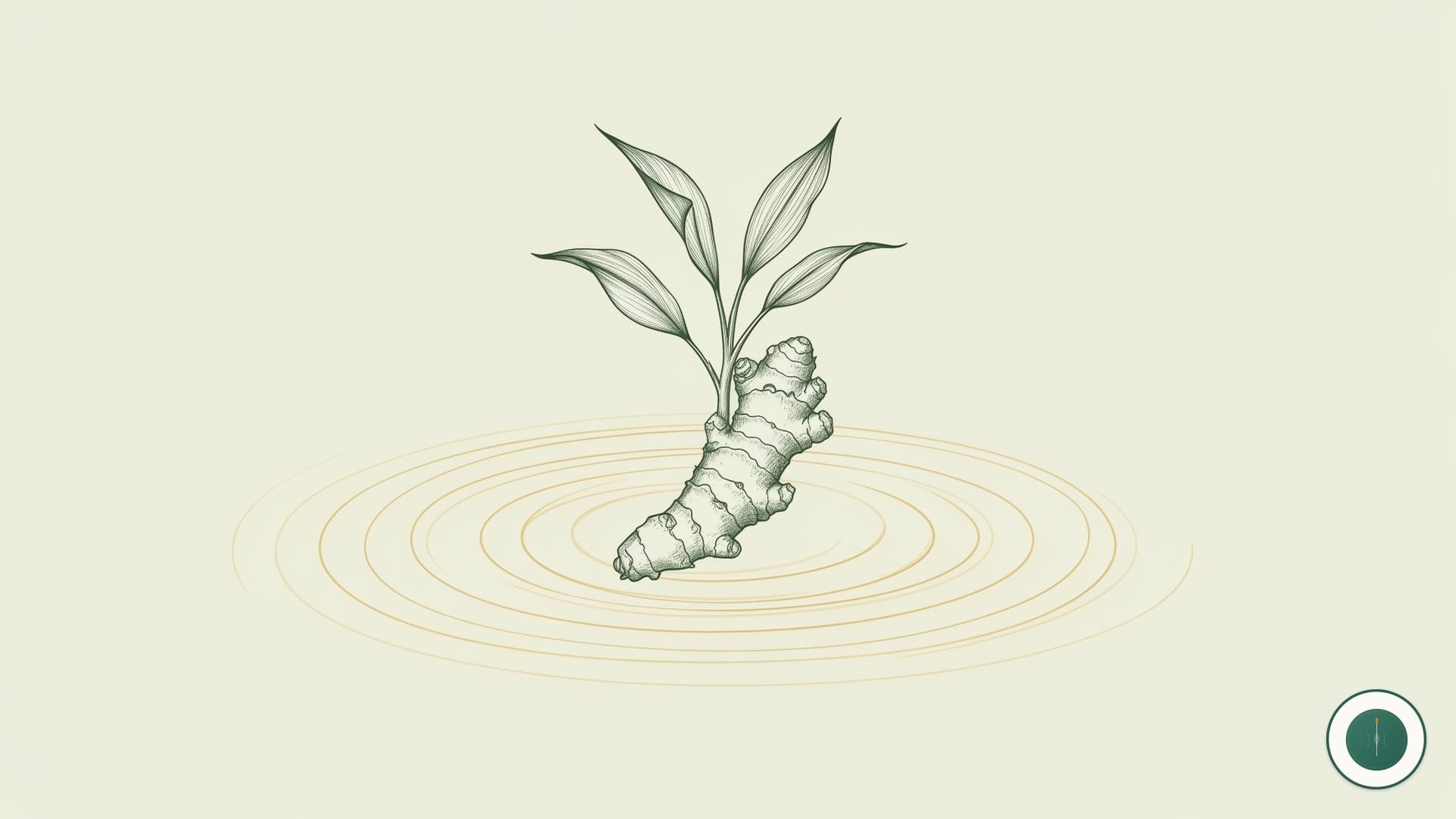 Minimalist jade and gold botanical illustration of a ginger root with concentric ripple lines on a sage-cream background, no text