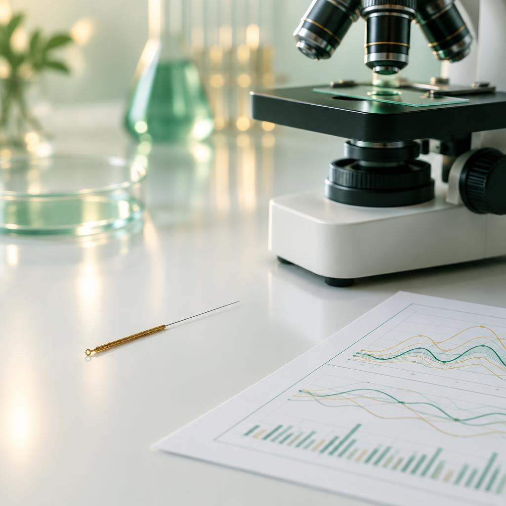 A single gold-handled acupuncture needle on a laboratory bench beside a microscope and abstract research charts, in soft jade and gold tones.