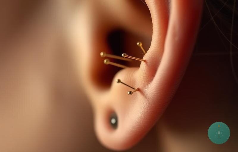Detailed close-up of an ear with auricular acupuncture points marked for NADA and Battlefield protocols