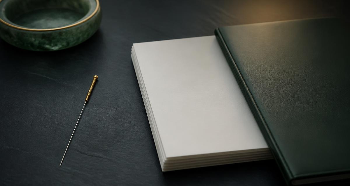 A single gold-handled acupuncture needle resting on dark slate beside blank manuscript pages and a dark green clinical folder