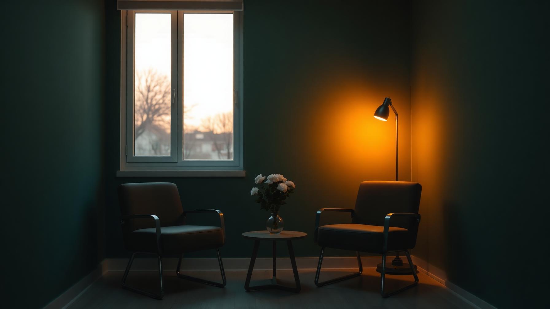 Two empty chairs facing each other beside a window in a quiet jade-green consulting room at dusk
