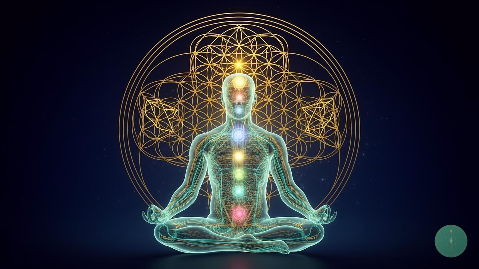 Sacred geometry mandala overlaid on a meridian map representing Mikio Sankey's esoteric acupuncture grids