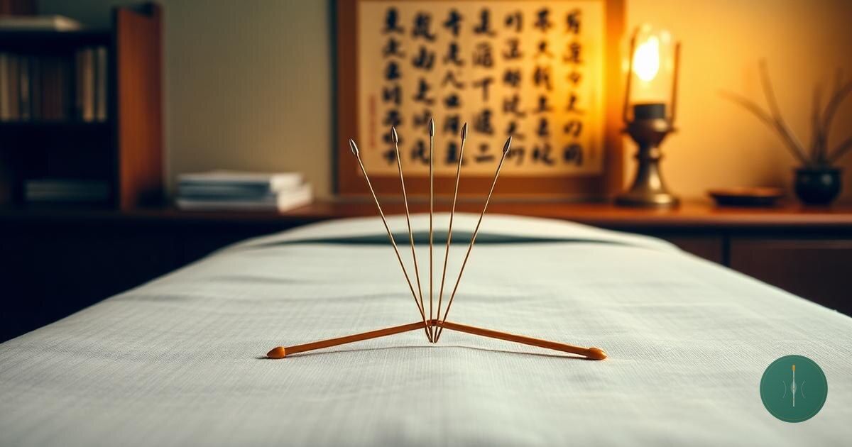 Three precisely placed acupuncture needles arranged in the classical Jin Three-Needle pattern on the scalp