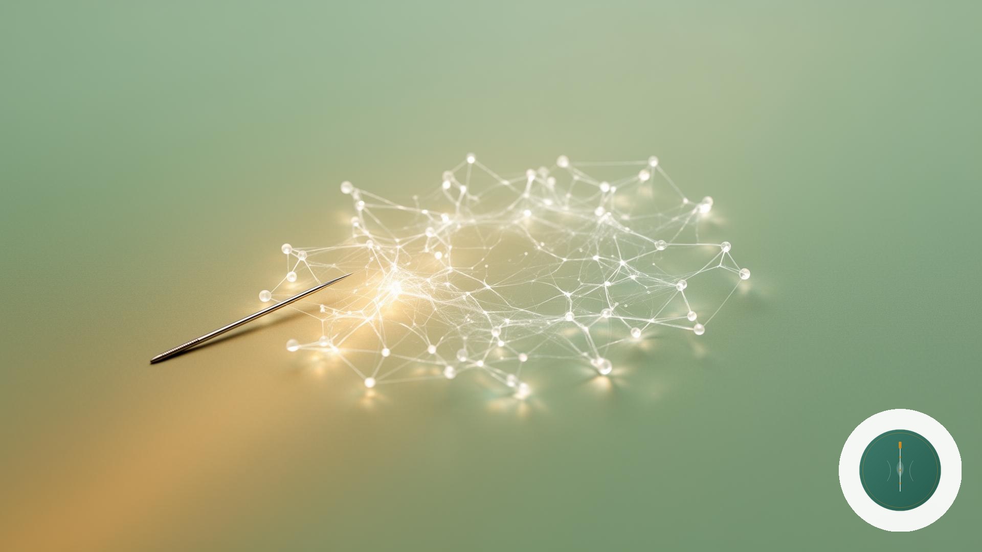 A single acupuncture needle resting beside a softly glowing neural-network pattern on a jade and gold background
