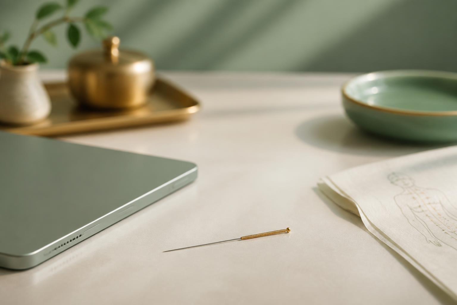 A single gold-handled acupuncture needle on a pale clinic desk beside a closed tablet, a folded meridian chart and a celadon dish