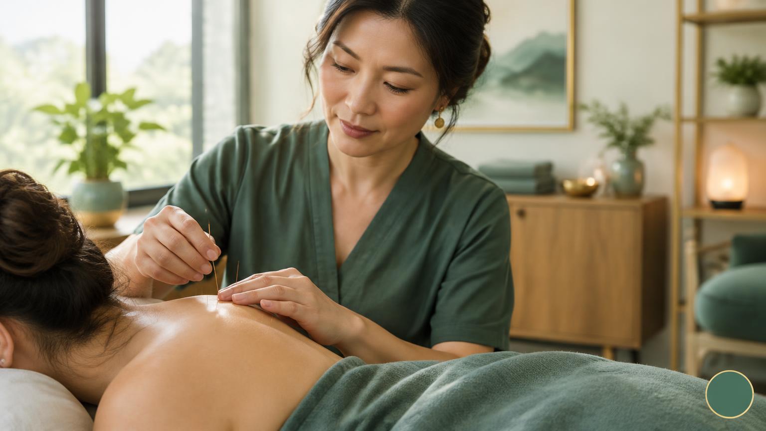 Acupuncturist in jade scrubs placing fine needles on a patient's back in a calm, modern integrative health clinic