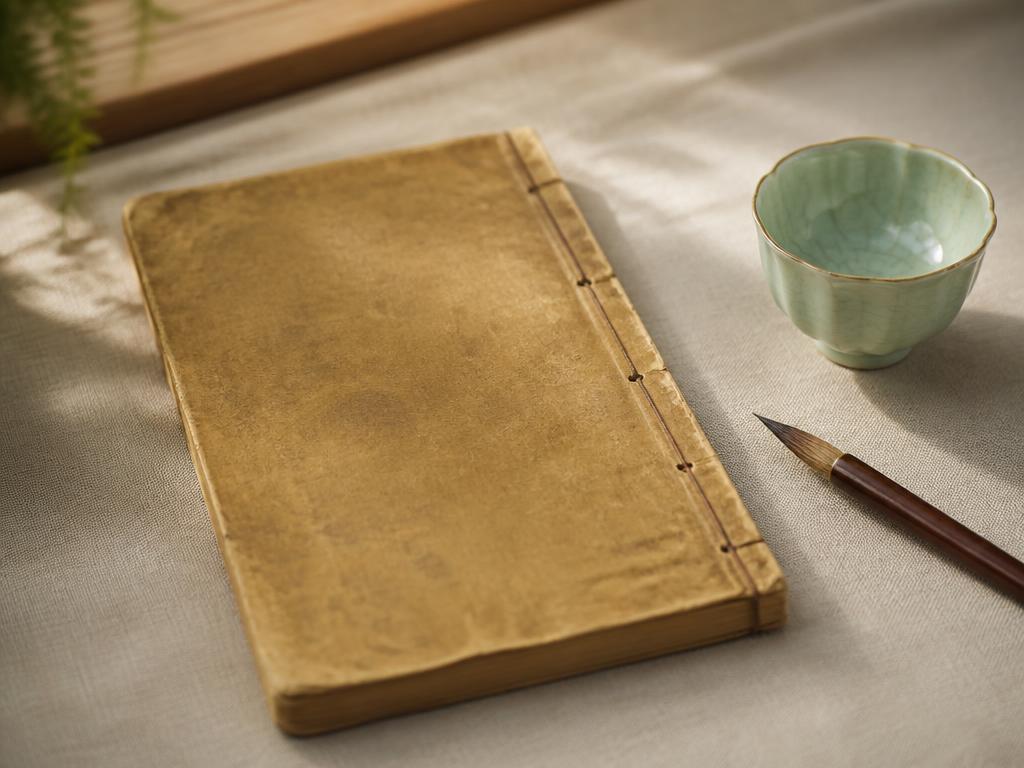 A thread-bound classical Chinese book beside a celadon tea cup and calligraphy brush