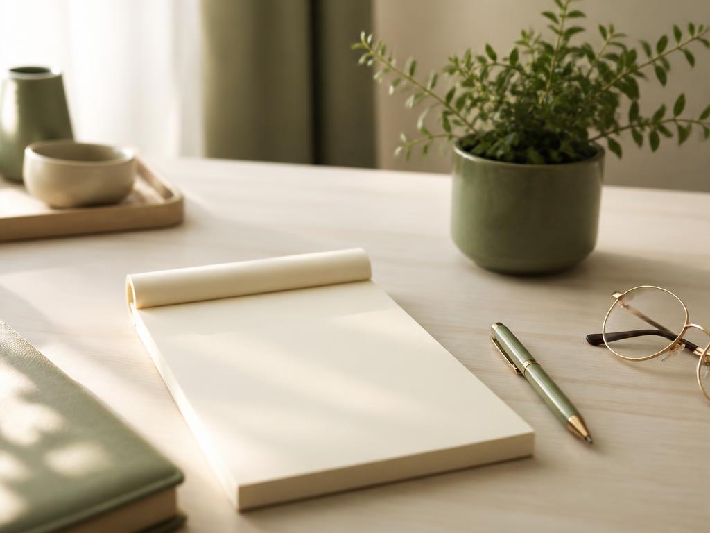 A practitioner's desk with a blank notepad, pen and a small green plant in soft daylight