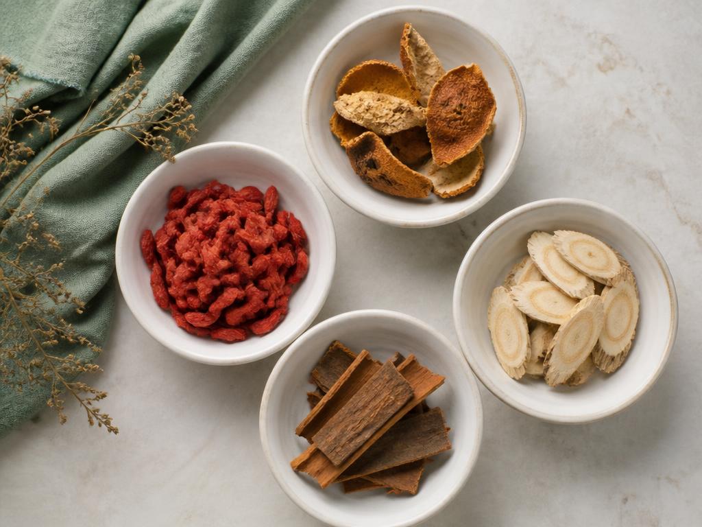 Dried Chinese herbs in small white ceramic dishes on a pale stone surface