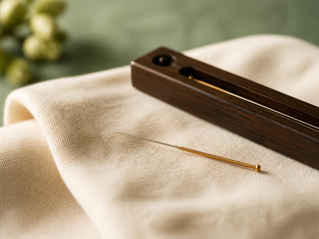A single fine acupuncture needle resting on cream linen beside a timber needle tray