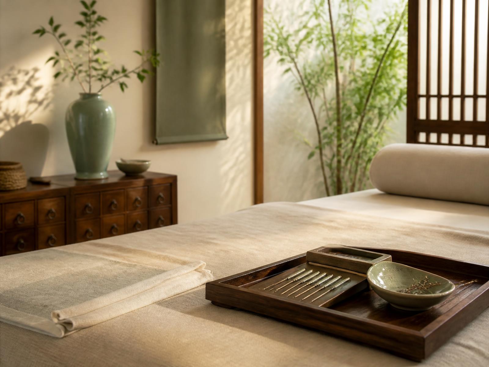 A quiet Chinese medicine treatment room with a needle tray and dried herbs in morning light